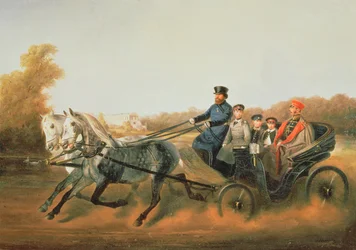 皇帝アレクサンドル2世（1818〜81年）、息子と一緒にザルスコエセロで運転、1850年代